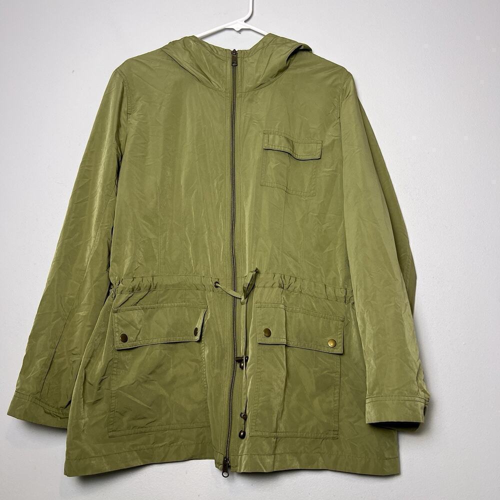 J Jill Womens Utility Anorak Jacket Sz L Green Lightweight Hooded Drawstrings